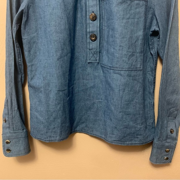 Tory Burch Chambray Ruffle Neck Blouse Size 2 Cotton Linen Blue - Picture 6 of 12